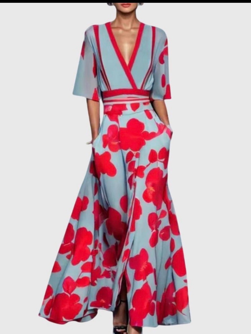 Boutique Candice Blue & Red Floral Maxi Dress | V-Neck | Pockets | L